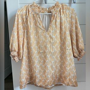 Avara Metallic Ivory & Orange Top with Smocked Sleeves. Size M.